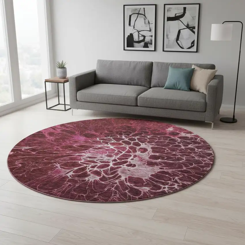 8' Merlot And Silver Abstract Washable Round Rug With UV Protection Photo 2