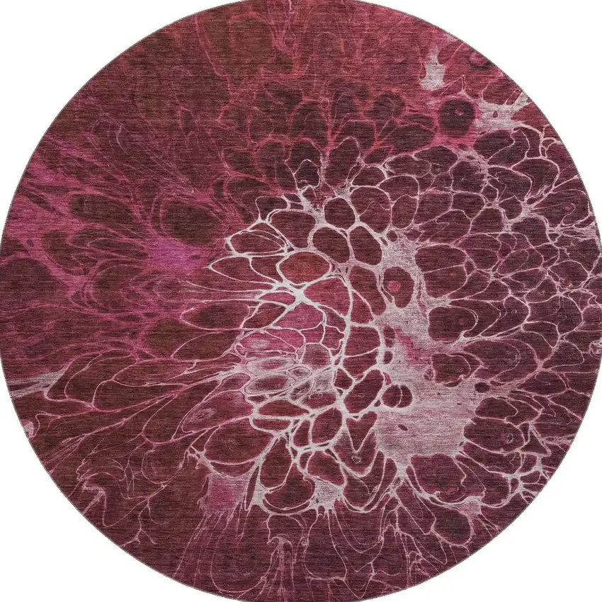 8' Merlot And Silver Abstract Washable Round Rug With UV Protection Photo 4