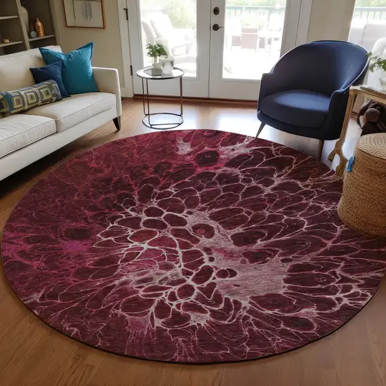 8' Merlot Blush And Gray Round Abstract Washable Indoor Outdoor Area Rug Photo 8