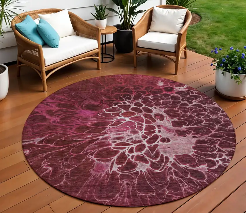 8' Merlot Blush And Gray Round Abstract Washable Indoor Outdoor Area Rug Photo 1