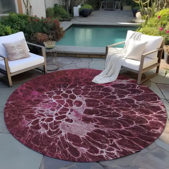 8' Merlot Blush And Gray Round Abstract Washable Indoor Outdoor Area Rug Photo 7