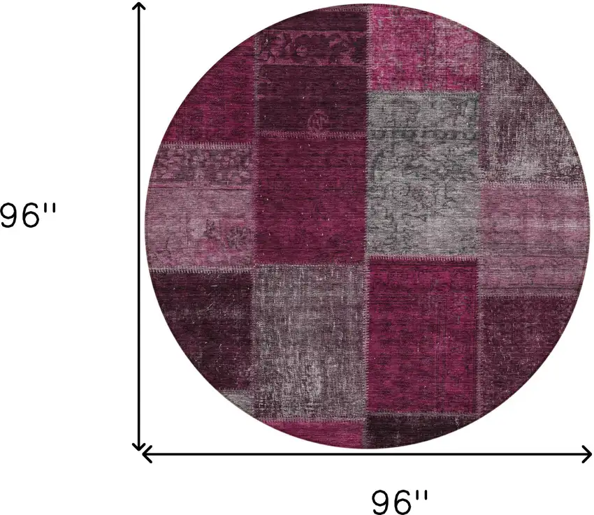 8' Merlot Burgundy And Gray Round Patchwork Washable Indoor Outdoor Area Rug Photo 3