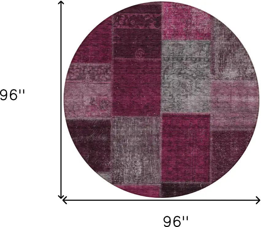 8' Merlot Burgundy And Gray Round Patchwork Washable Indoor Outdoor Area Rug Photo 3