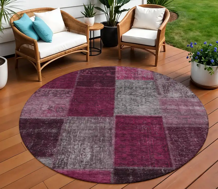 8' Merlot Burgundy And Gray Round Patchwork Washable Indoor Outdoor Area Rug Photo 1