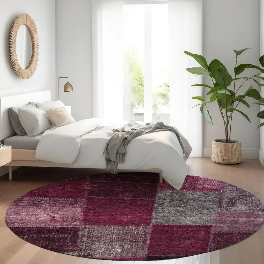 8' Merlot Burgundy And Gray Round Patchwork Washable Indoor Outdoor Area Rug Photo 7