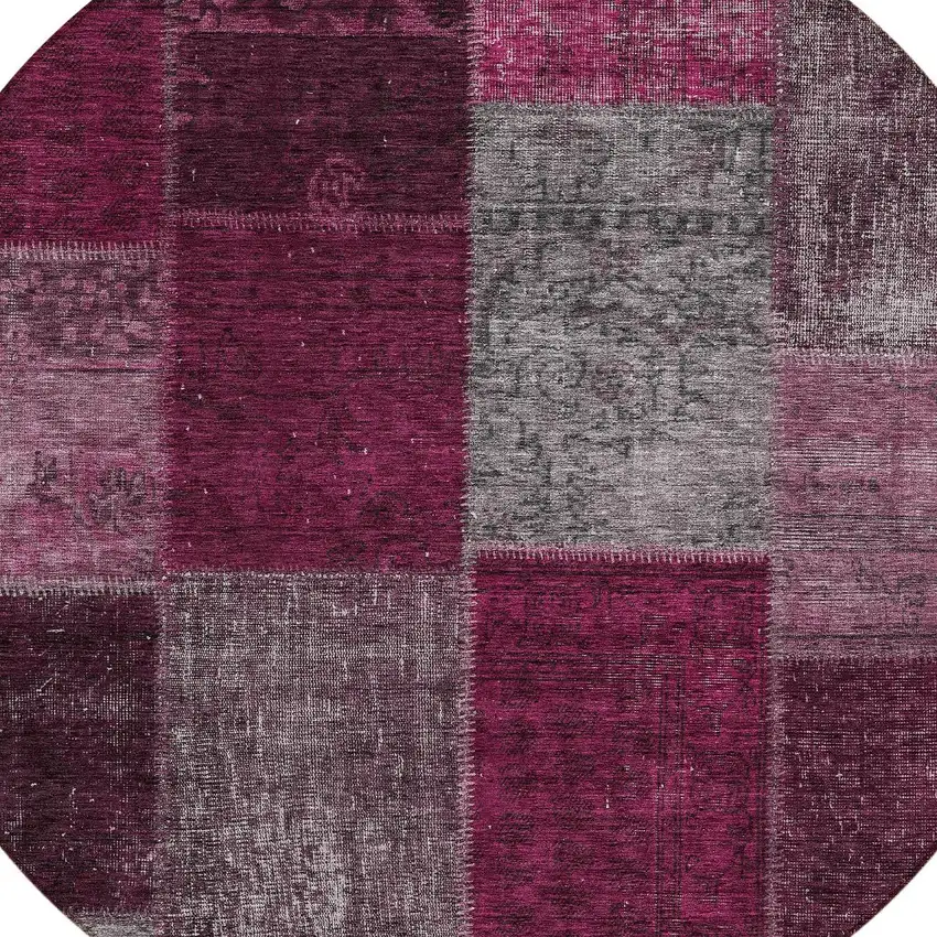 8' Merlot Burgundy And Gray Round Patchwork Washable Indoor Outdoor Area Rug Photo 4