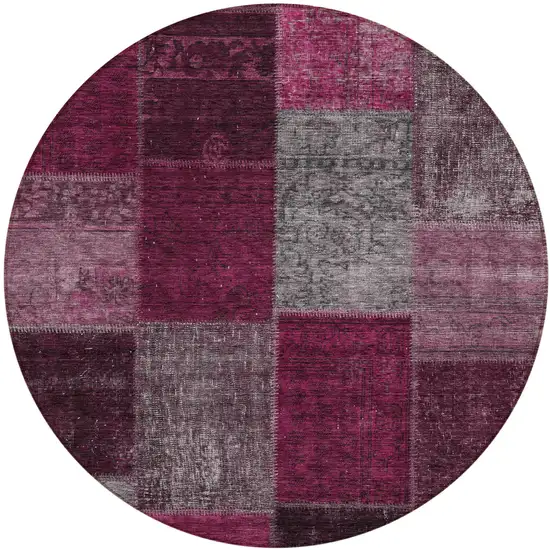 8' Merlot Burgundy And Gray Round Patchwork Washable Indoor Outdoor Area Rug Photo 2