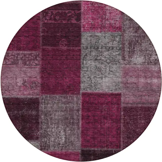 8' Merlot Burgundy And Gray Round Patchwork Washable Indoor Outdoor Area Rug Photo 2