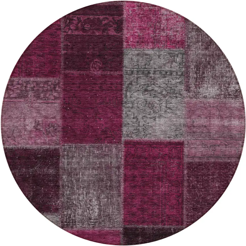 8' Merlot Burgundy And Gray Round Patchwork Washable Indoor Outdoor Area Rug Photo 2