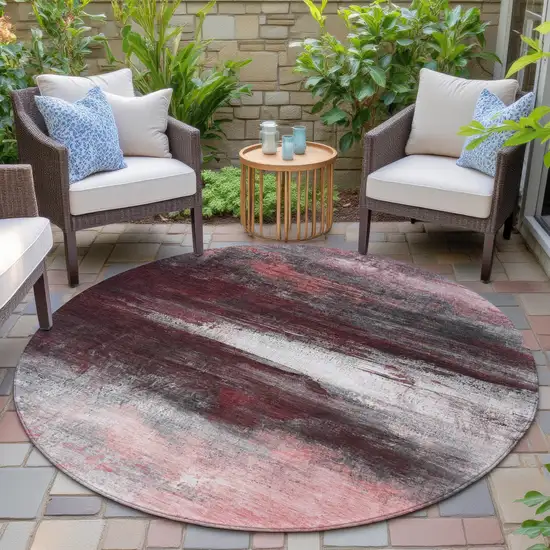 8' Merlot Charcoal And Ivory Round Abstract Washable Indoor Outdoor Area Rug Photo 6