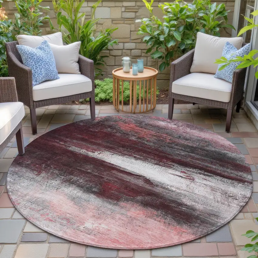 8' Merlot Charcoal And Ivory Round Abstract Washable Indoor Outdoor Area Rug Photo 6