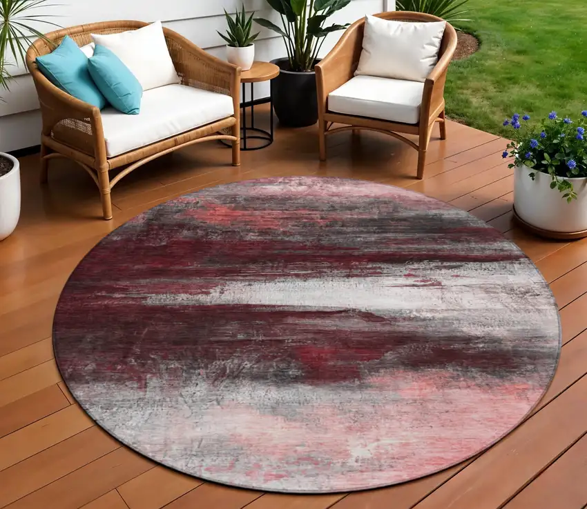 8' Merlot Charcoal And Ivory Round Abstract Washable Indoor Outdoor Area Rug Photo 2
