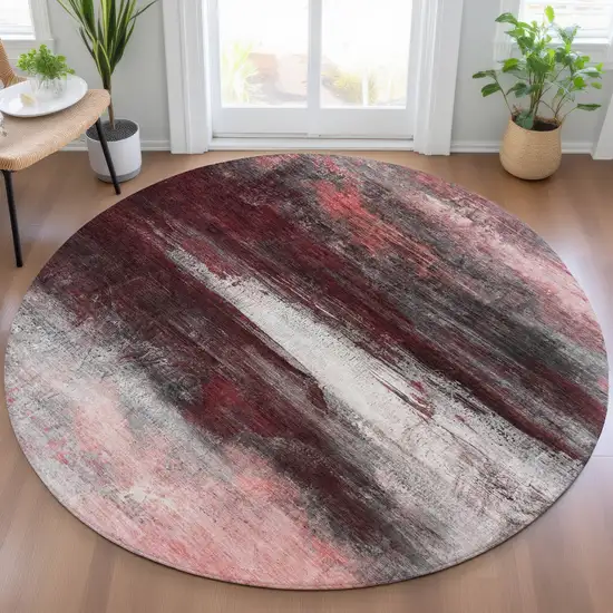 8' Merlot Charcoal And Ivory Round Abstract Washable Indoor Outdoor Area Rug Photo 5