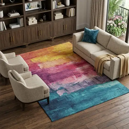 8' Merlot Gold Blue And Purple Abstract Washable Area Rug With UV Protection Photo 1