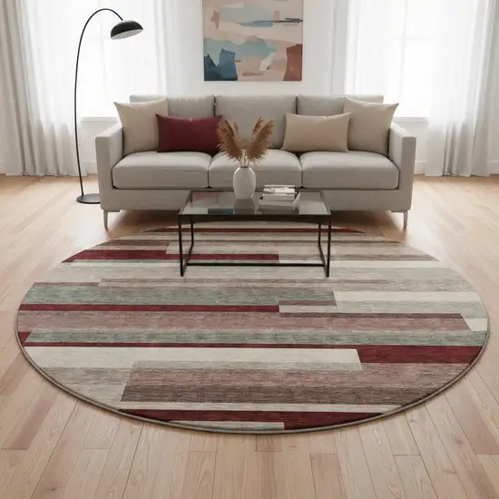 8' Merlot Gray And Beige Striped Washable Round Rug With UV Protection Photo 2