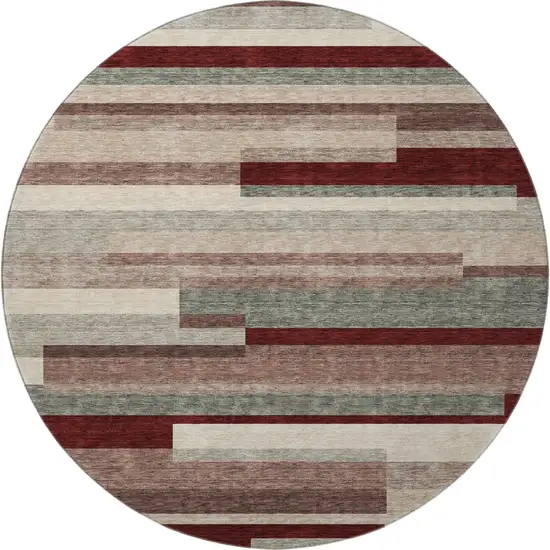 8' Merlot Gray And Beige Striped Washable Round Rug With UV Protection Photo 3