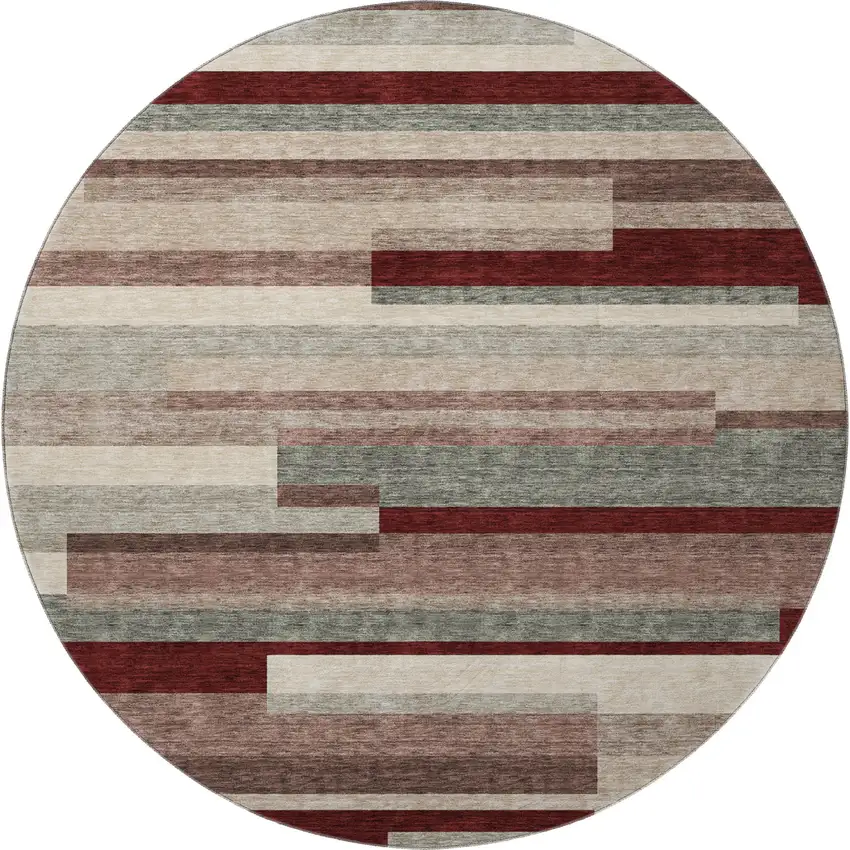 8' Merlot Gray And Beige Striped Washable Round Rug With UV Protection Photo 3