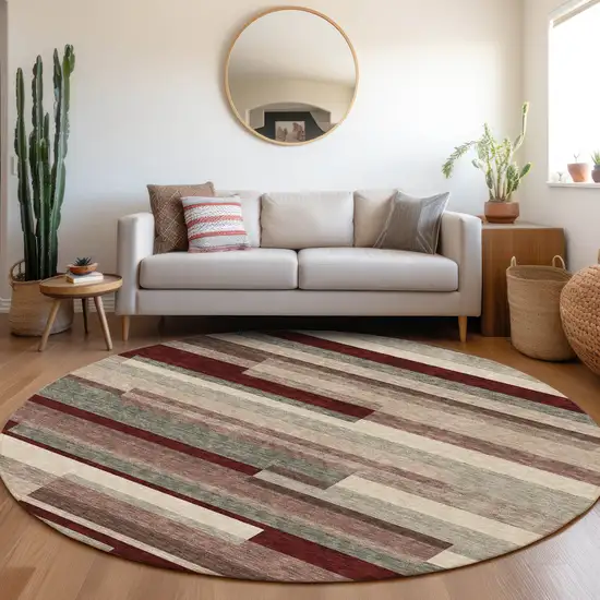 8' Merlot Gray And Beige Striped Washable Round Rug With UV Protection Photo 4
