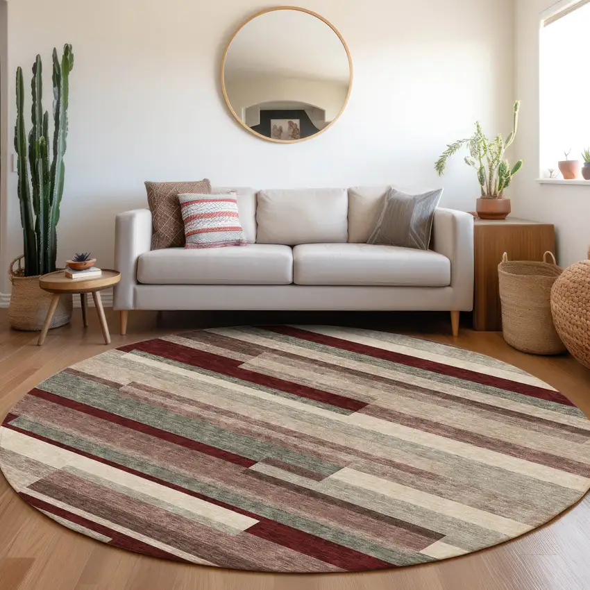 8' Merlot Gray And Beige Striped Washable Round Rug With UV Protection Photo 4