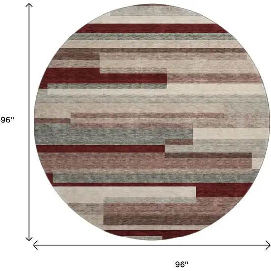 8' Merlot Gray And Beige Striped Washable Round Rug With UV Protection Photo 9