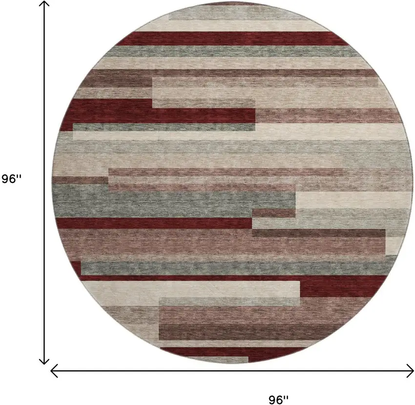8' Merlot Gray And Beige Striped Washable Round Rug With UV Protection Photo 9