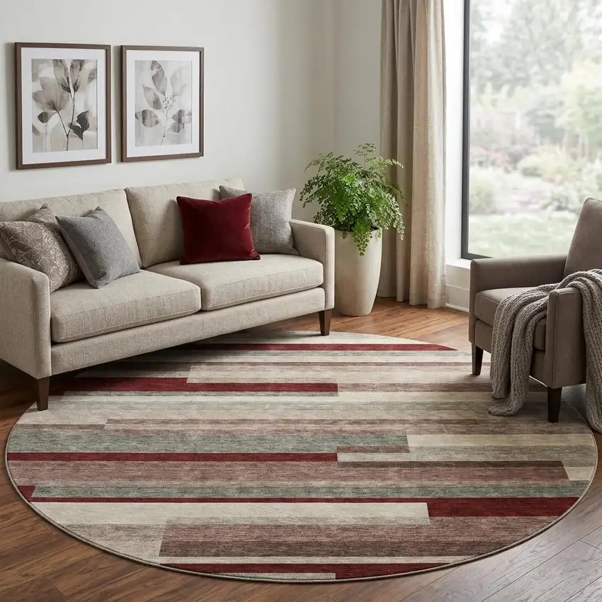 8' Merlot Gray And Beige Striped Washable Round Rug With UV Protection Photo 1