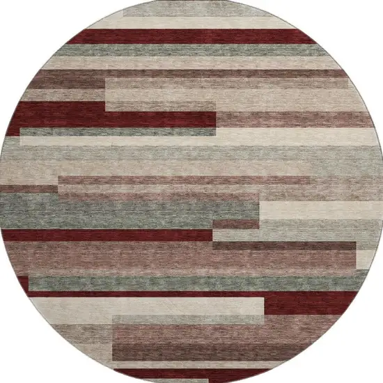 8' Merlot Gray And Beige Striped Washable Round Rug With UV Protection Photo 2