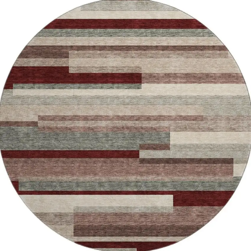 8' Merlot Gray And Beige Striped Washable Round Rug With UV Protection Photo 2