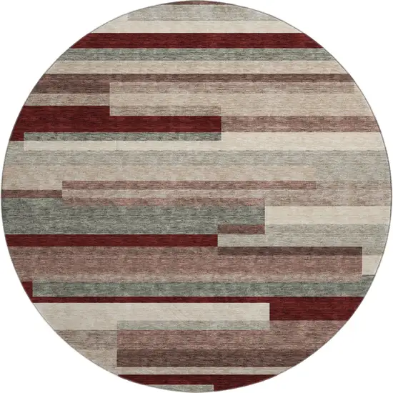 8' Merlot Gray And Beige Striped Washable Round Rug With UV Protection Photo 1