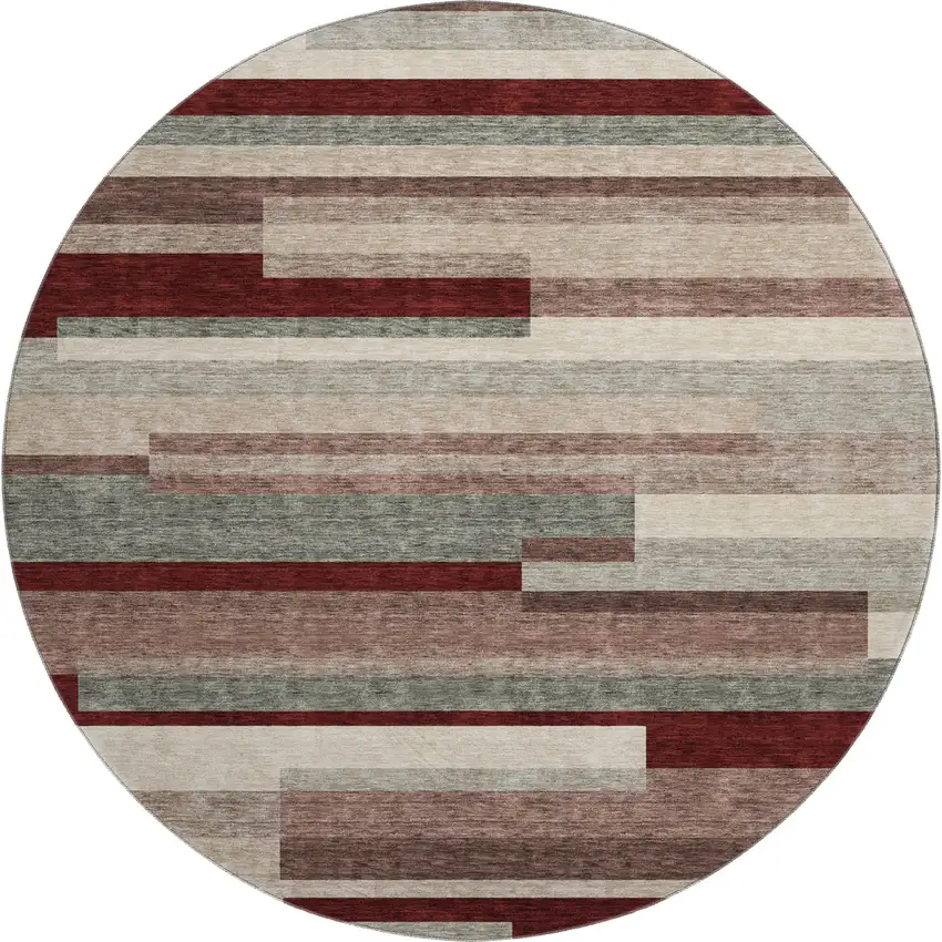 8' Merlot Gray And Beige Striped Washable Round Rug With UV Protection Photo 1