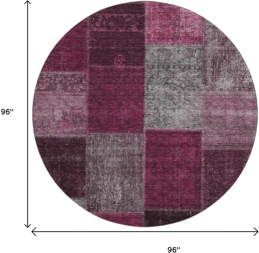 8' Merlot Gray And Burgundy Patchwork Washable Round Rug With UV Protection Photo 3