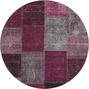 Photo of 8' Merlot Gray And Burgundy Patchwork Washable Round Rug With UV Protection