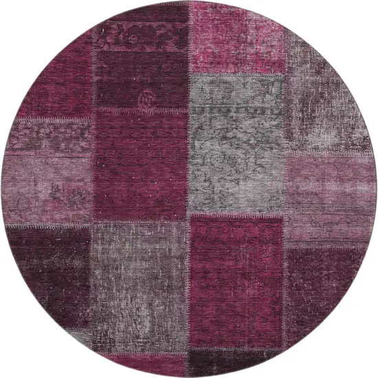 8' Merlot Gray And Burgundy Patchwork Washable Round Rug With UV Protection Photo 1