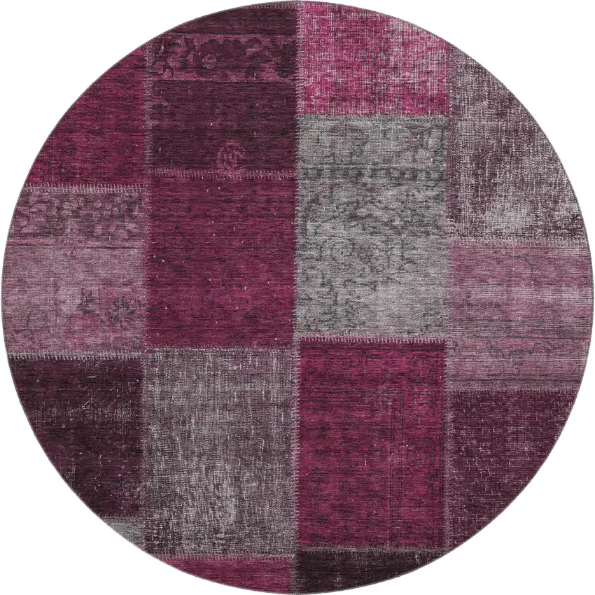 8' Merlot Gray And Burgundy Patchwork Washable Round Rug With UV Protection Photo 1
