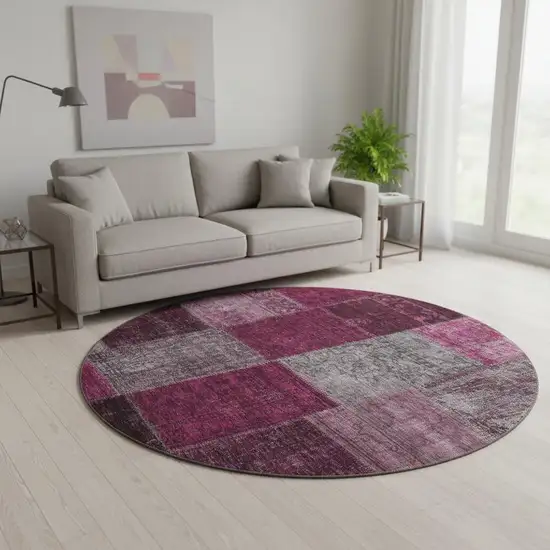 8' Merlot Gray And Burgundy Patchwork Washable Round Rug With UV Protection Photo 2