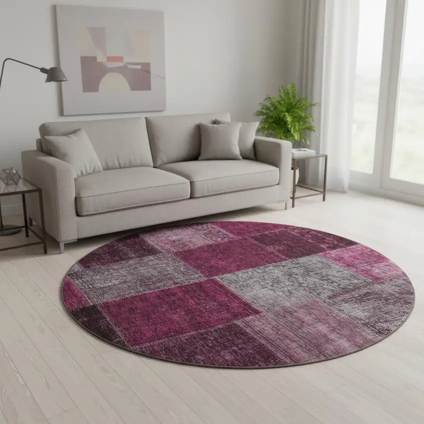 8' Merlot Gray And Burgundy Patchwork Washable Round Rug With UV Protection Photo 2