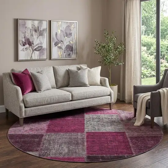 8' Merlot Gray And Burgundy Patchwork Washable Round Rug With UV Protection Photo 1