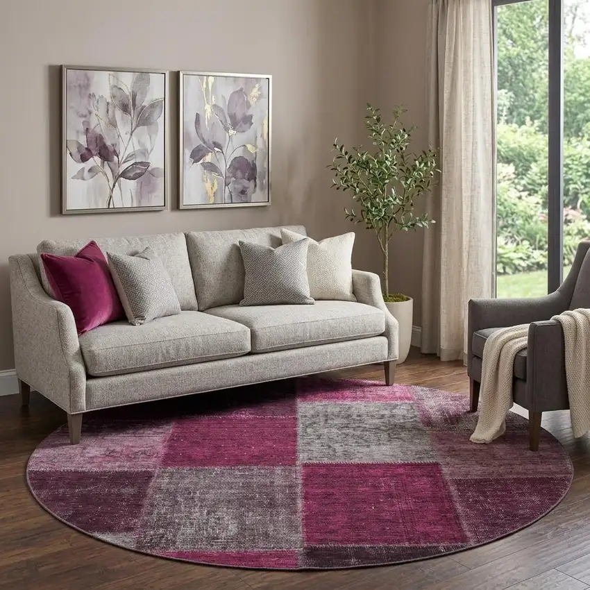 8' Merlot Gray And Burgundy Patchwork Washable Round Rug With UV Protection Photo 1
