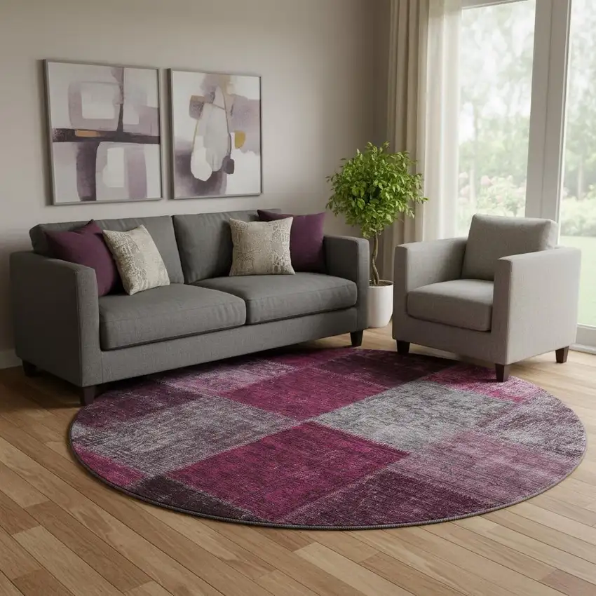 8' Merlot Gray And Burgundy Patchwork Washable Round Rug With UV Protection Photo 1