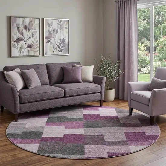 8' Merlot Gray And Ivory Geometric Washable Round Rug With UV Protection Photo 1