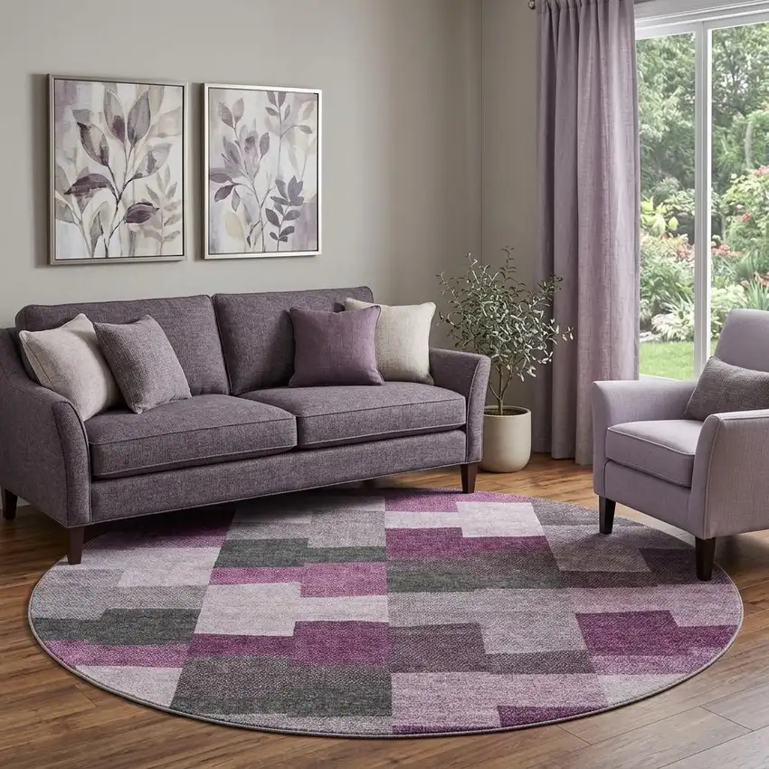 8' Merlot Gray And Ivory Geometric Washable Round Rug With UV Protection Photo 1