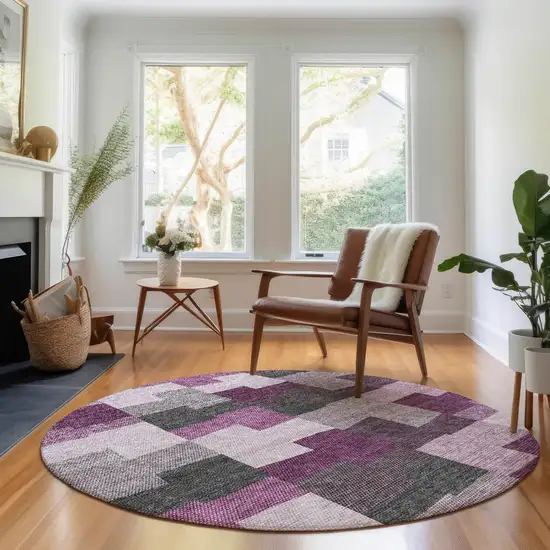 8' Merlot Gray And Ivory Geometric Washable Round Rug With UV Protection Photo 5