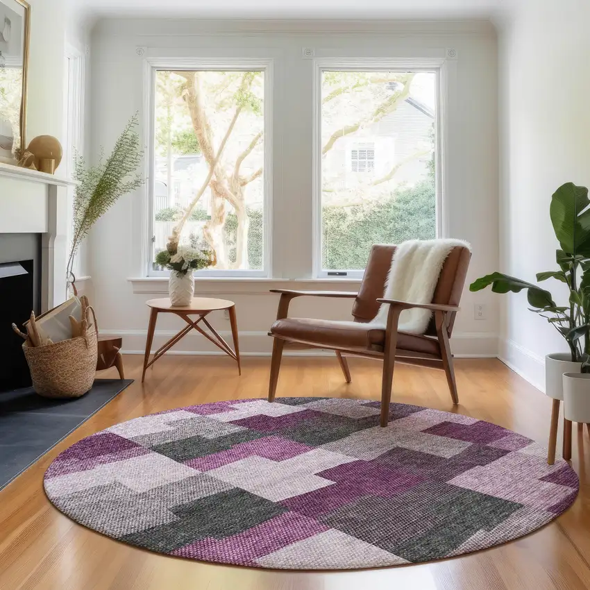 8' Merlot Gray And Ivory Geometric Washable Round Rug With UV Protection Photo 5