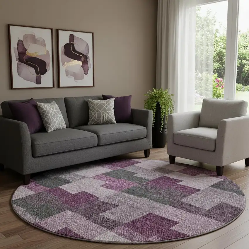 8' Merlot Gray And Ivory Geometric Washable Round Rug With UV Protection Photo 1