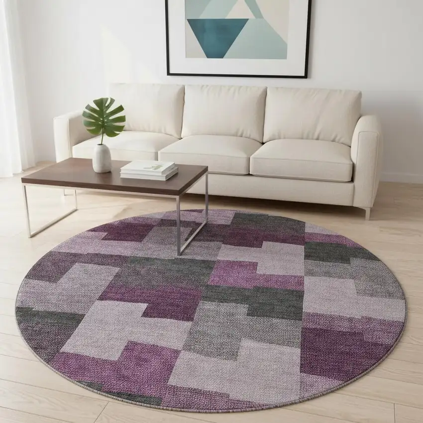 8' Merlot Gray And Ivory Geometric Washable Round Rug With UV Protection Photo 2