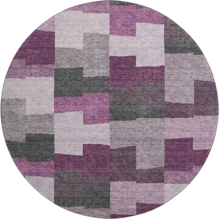 8' Merlot Gray And Ivory Geometric Washable Round Rug With UV Protection Photo 1