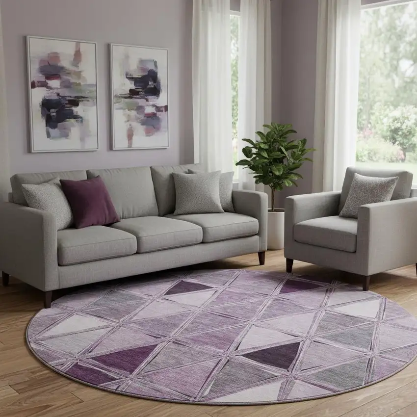 8' Merlot Gray And Ivory Geometric Washable Round Rug With UV Protection Photo 1