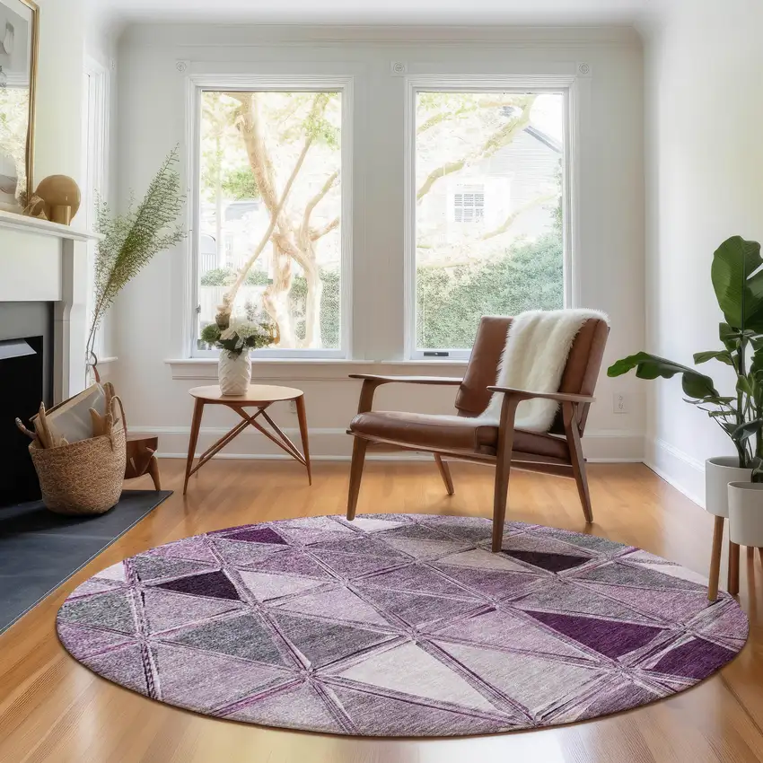 8' Merlot Gray And Ivory Geometric Washable Round Rug With UV Protection Photo 5