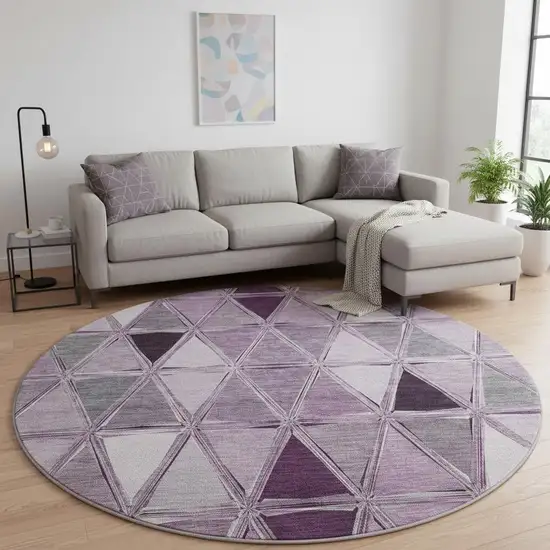 8' Merlot Gray And Ivory Geometric Washable Round Rug With UV Protection Photo 2
