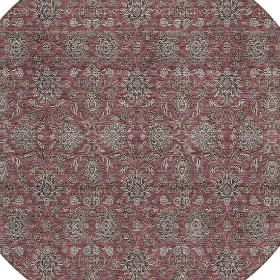 8' Merlot Gray And Taupe Round Floral Washable Indoor Outdoor Area Rug Photo 5